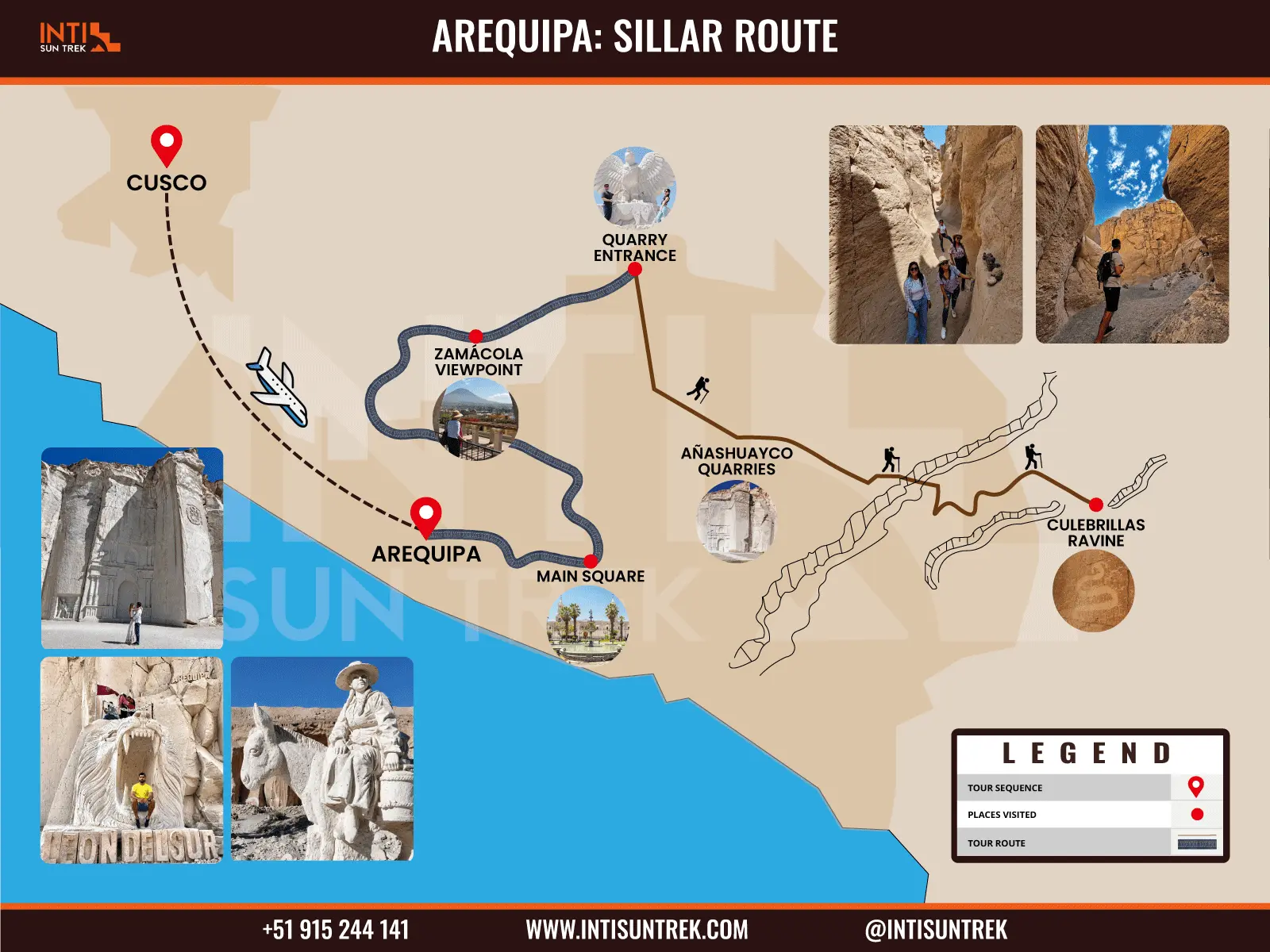 Tourist map of the Sillar Route in Arequipa showing the route through Añashuayco Quarries, Culebrillas Ravine and Zamácola Viewpoint.