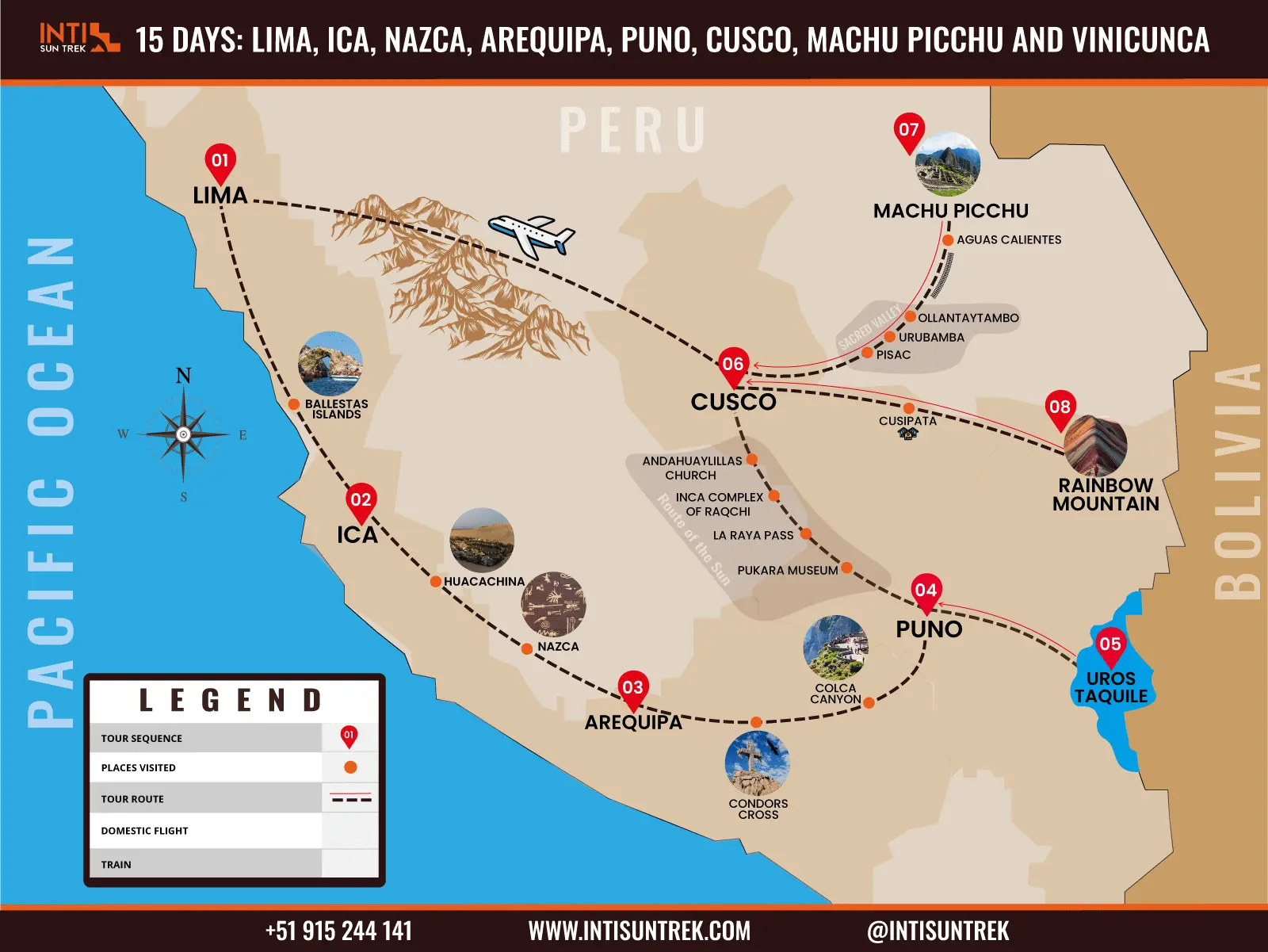 Peru Tour Packages 15D - Cusco, Puno, Arequipa, Nazca, Ica and Lima 1 15 day Peru travel itinerary map