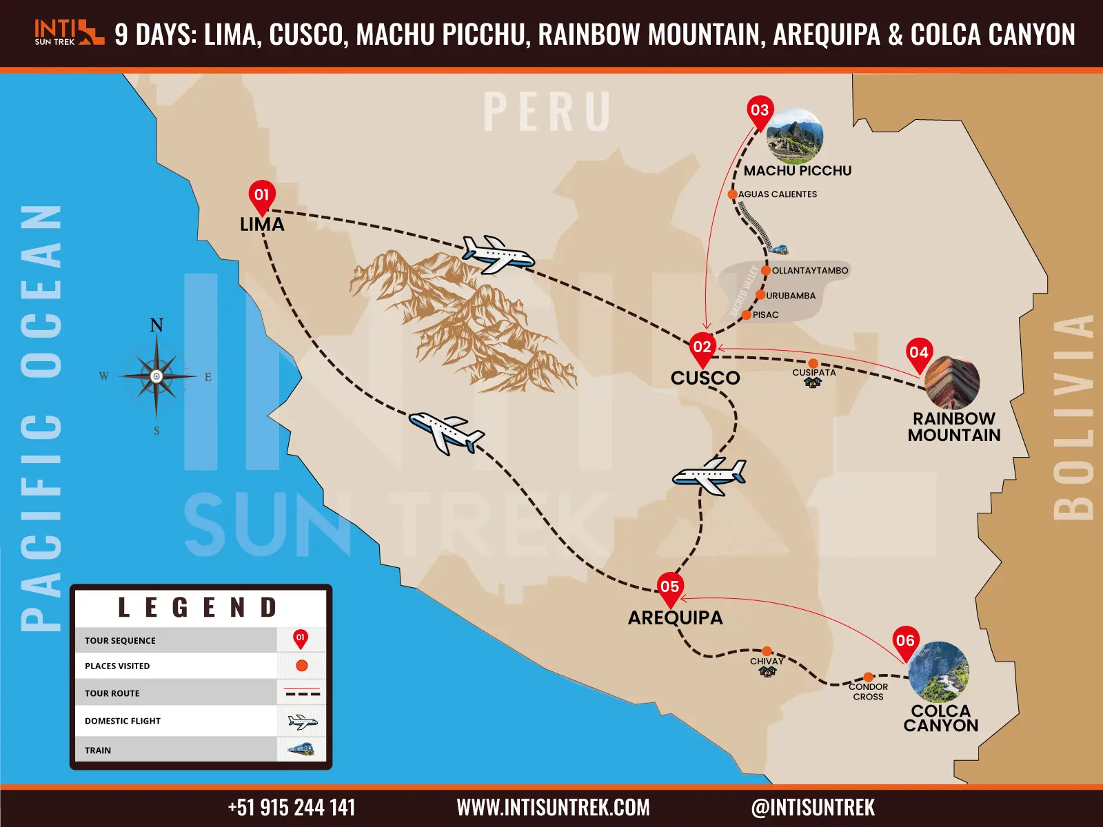 Tourist map of a Peru travel itinerary visiting Lima, Cusco, Machu Picchu, Rainbow Mountain, Arequipa and Colca Canyon.