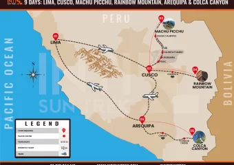 Tourist map of a Peru travel itinerary visiting Lima, Cusco, Machu Picchu, Rainbow Mountain, Arequipa and Colca Canyon.