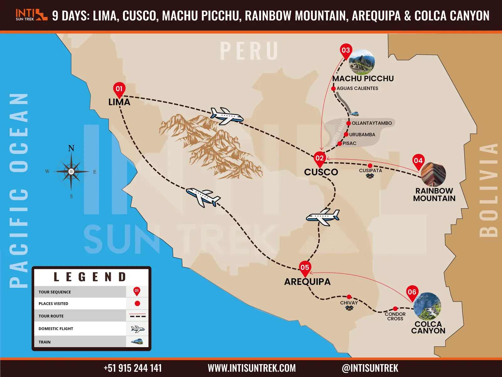 Peru Tours 9 days- Lima, Cusco, Machupicchu, Rainbow, Arequipa, Colca Canyon 1 Tourist map of a Peru travel itinerary visiting Lima, Cusco, Machu Picchu, Rainbow Mountain, Arequipa and Colca Canyon.