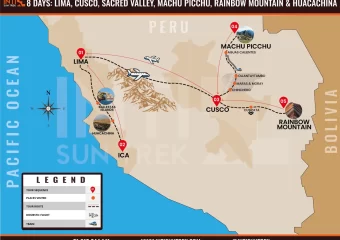 Main route map of the Peru eight day tour including Lima, Ballestas Islands, Ica, Huacachina, Cusco, Sacred Valley, Machu Picchu and Rainbow Mountain