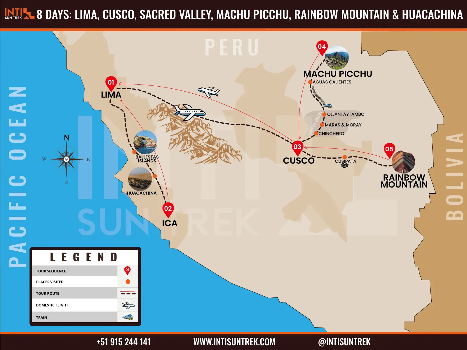Main route map of the Peru eight day tour including Lima, Ballestas Islands, Ica, Huacachina, Cusco, Sacred Valley, Machu Picchu and Rainbow Mountain